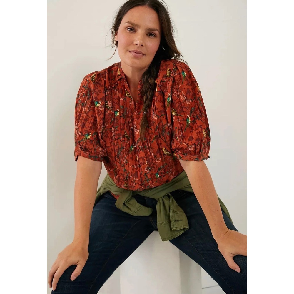 Anthropologie Rust Floral Pintuck Blouse with Green Accents